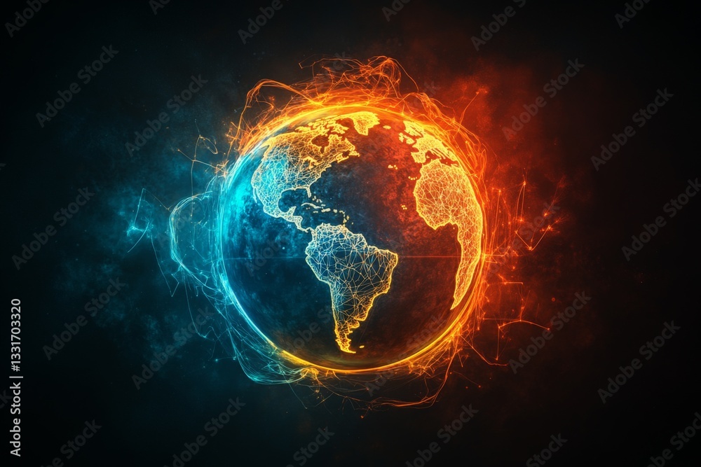Aufkleber visual representation of the earth with glowing lines illustrating connectivity and energy in vivid 