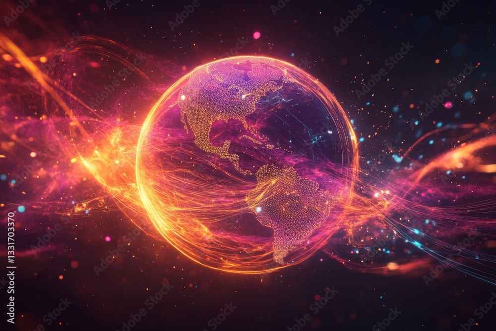 Poster colorful cosmic visualization of earth surrounded by vibrant energy waves and particles in a dark sp