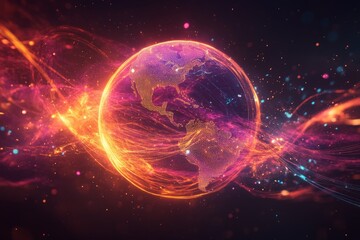 Obraz premium Colorful cosmic visualization of Earth surrounded by vibrant energy waves and particles in a dark space background