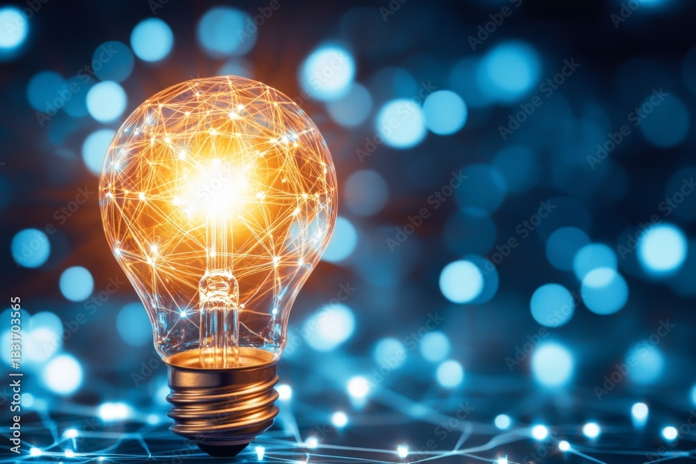 Poster bright glowing light bulb illuminated with intricate network design against a blurred blue backgroun