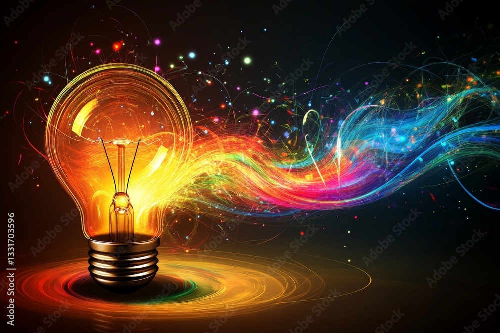 Poster colorful light emanates from a glowing light bulb with swirling energy and abstract designs in a dar