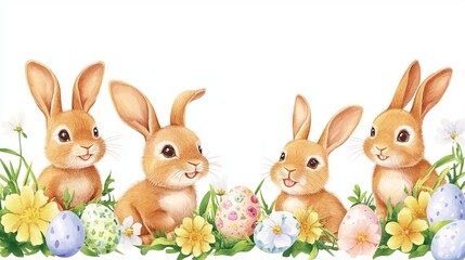 Fototapeta premium Cute cartoon bunnies with Easter eggs and flowers border on a white background, Easter-themed illustration style, watercolor painting, high resolution, high detail, high quality.