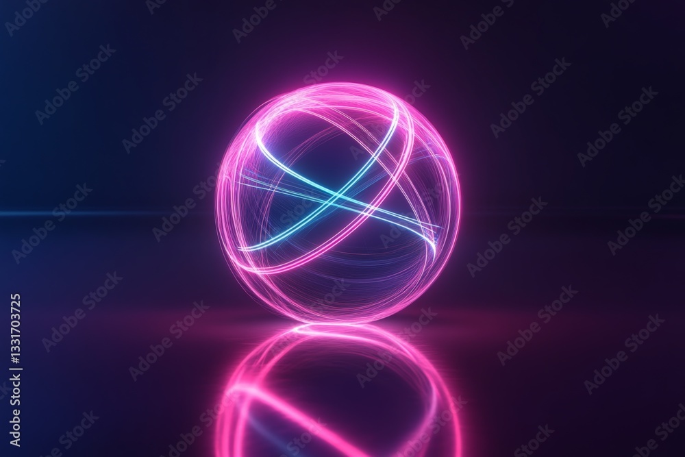 Poster colorful neon sphere with glowing lines on a reflective surface in a dark environment at night