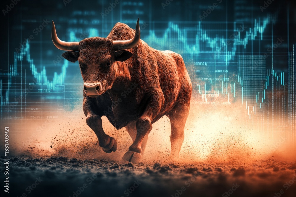 Poster bull charging forward with stock market graphs in the background highlighting financial trends and v