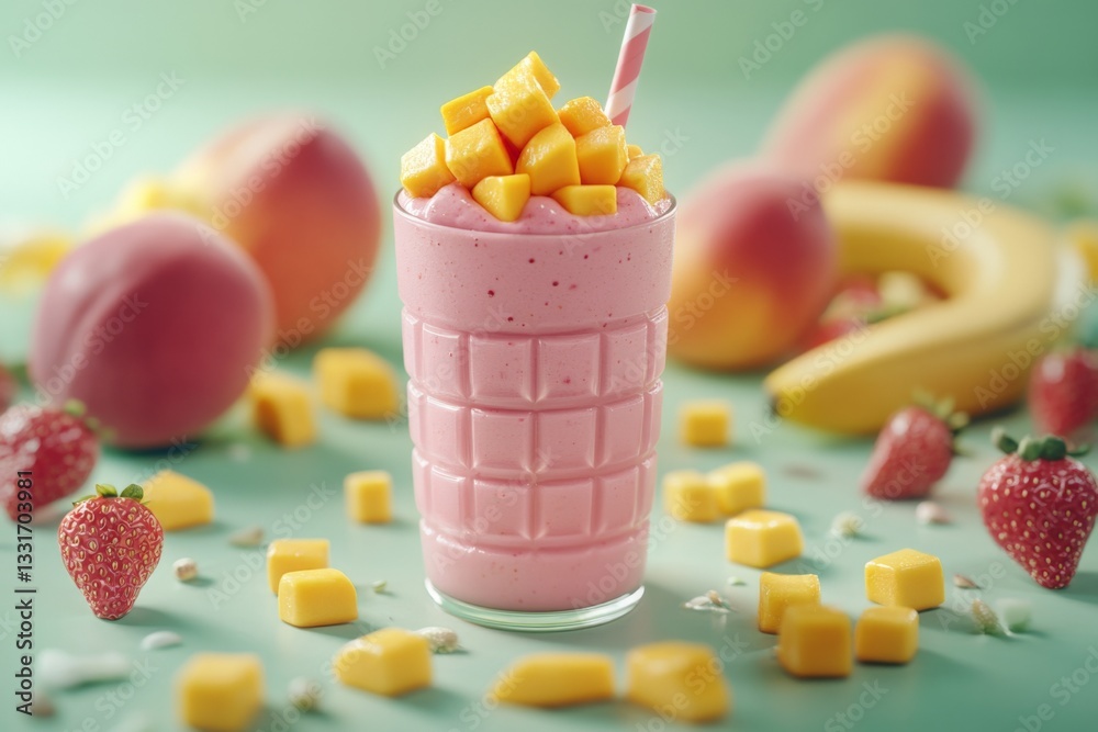 Aufkleber refreshing mango and strawberry smoothie topped with fresh fruit in a vibrant setting