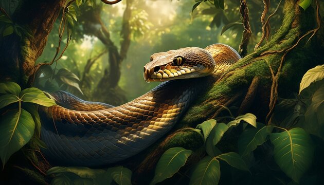 A large constrictor snake is entwined around tree branches in a dense jungle, its muscular body moving with silent precision through the foliage
