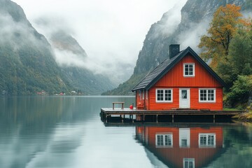 Fototapeta premium Stunning red cabin by tranquil lake surrounded by misty mountains and autumn foliage in a serene natural setting
