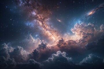Dazzling Nebula Clouds in a Vast Galaxy: Ethereal Night Sky and Cosmic Drama Background