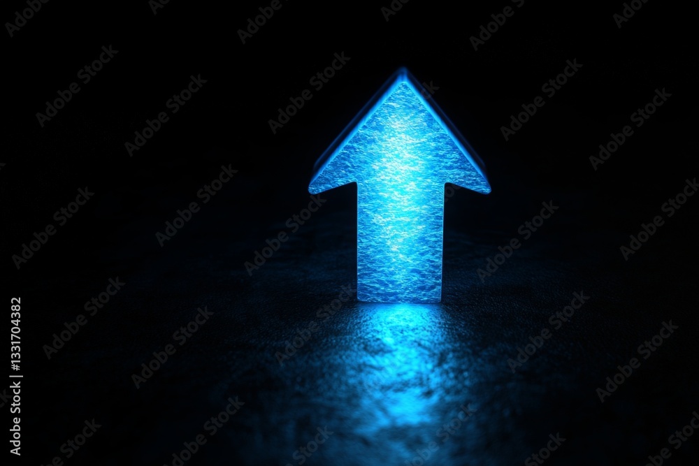 Poster Illuminated blue arrow pointing upwards against a dark background creating a striking visual effect