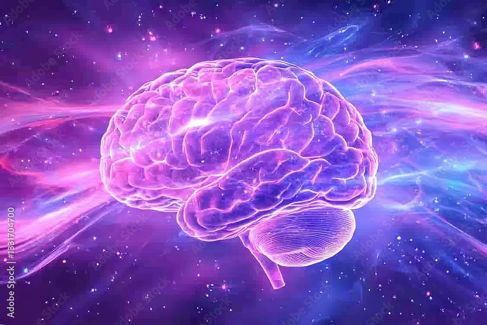 Poster bright purple brain surrounded by swirling cosmic clouds representing thought and creativity in a vi