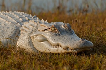 Fototapeta premium Rare white alligator resting on grass by the water during golden hour in a natural habitat
