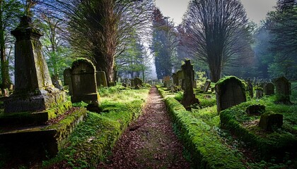 Generated image An abandoned cemetery with moss-covered gravestones, overrun by nature, and a broken pathway