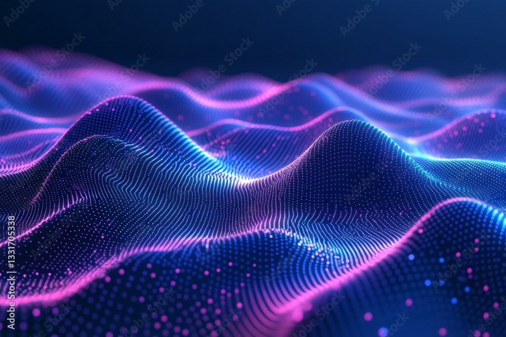 Poster Vibrant waves of digital particles create a stunning visual effect in a dark space