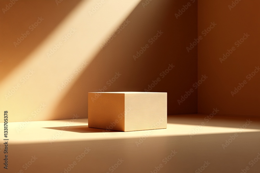 Poster Soft light illuminates a wooden box placed on a simple surface in a minimalistic setting during daylight hours