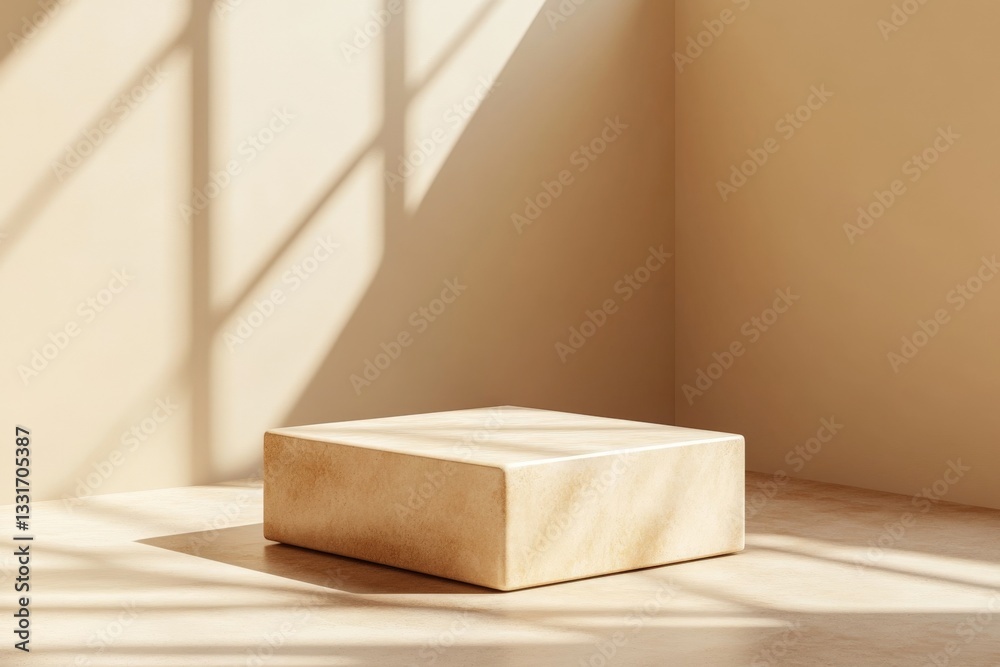 Aufkleber Rectangular object placed on a light surface with shadows cast from nearby windows in a minimalistic indoor setting