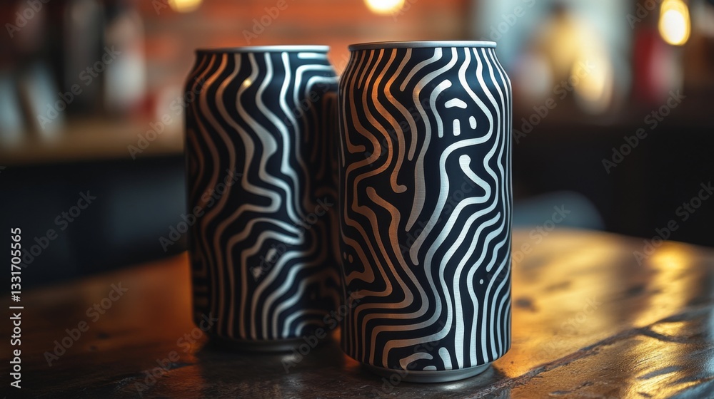 Poster Two visually striking cans with wavy patterns sit side by side on a rustic wooden table. The warm lighting of the bar creates a relaxed atmosphere, perfect for enjoying drinks.