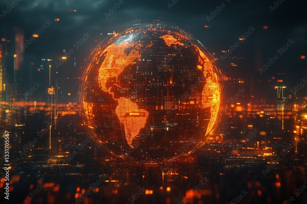 Poster Glowing digital globe representing interconnected data and technology in a futuristic landscape at night