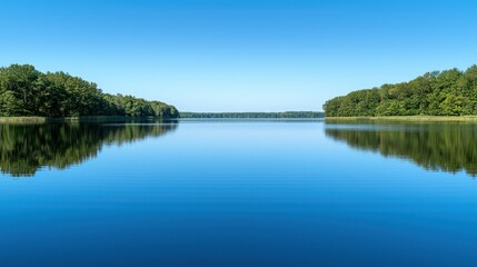 Obraz premium Serene lake reflecting a clear sky, dense forest shores