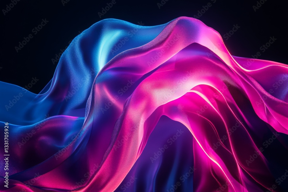 Poster Colorful flowing fabric creates an abstract visual of light and motion in a dark environment