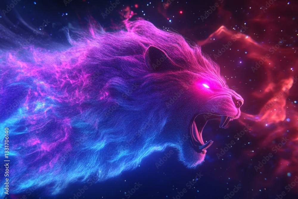 Poster cosmic lion roaring in vibrant colors against a starry background during a celestial event