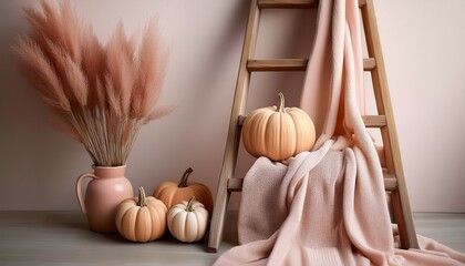 Generated image Beige pumpkins with soft, pastel fabric draped over a wooden ladder in a cozy corner