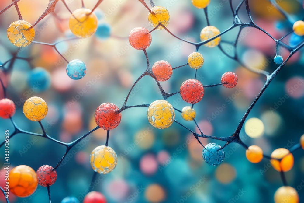 Poster colorful molecular structure showcasing interconnected atoms and bonds with a vibrant background in 