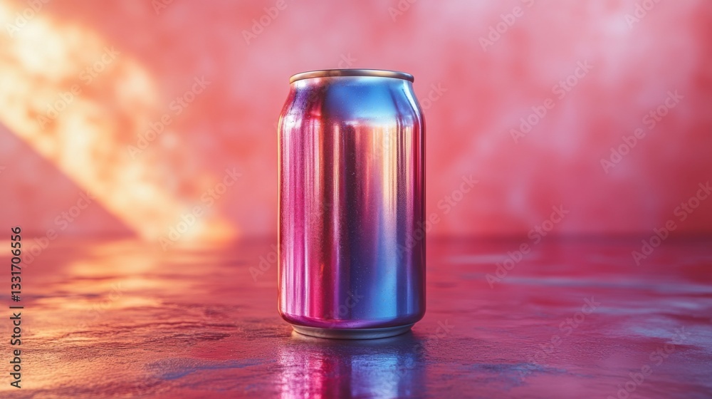 Aufkleber a metallic can stands upright on a reflective surface, showcasing a vibrant mix of colors. the backg