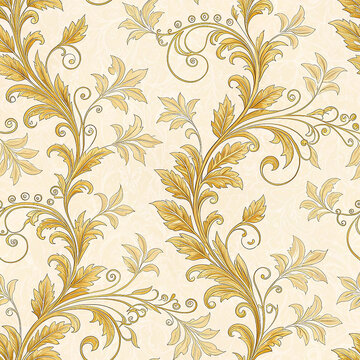 Fototapeta Soft cream and gold damask with romantic vine seamless pattern wallpaper background