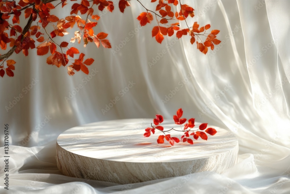 Poster Elegant display of red leaves on a circular platform against a soft fabric backdrop during autumn