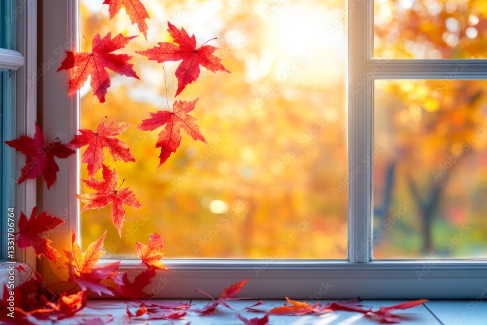 Poster vibrant autumn leaves falling near a sunlit window creating a warm, inviting atmosphere in the after