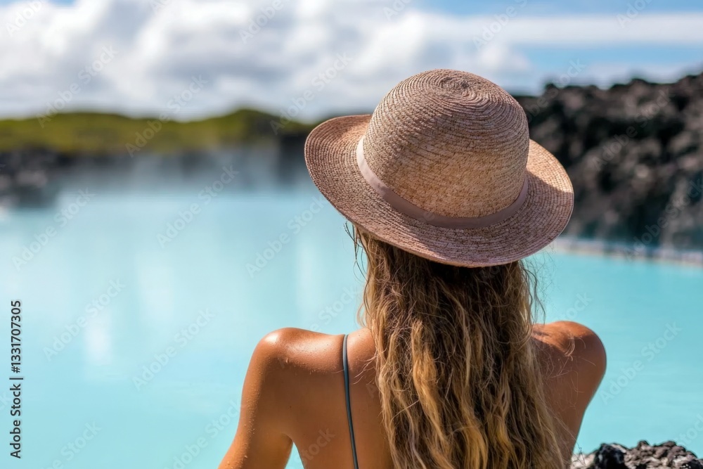Poster relaxing by a serene lagoon on a sunny day while enjoying the beautiful view of nature