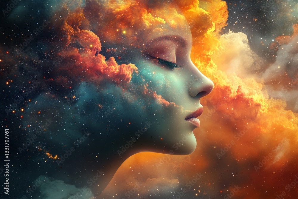 Aufkleber surreal artistic representation of a woman's profile blending with cosmic clouds and vibrant colors