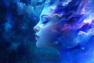 Beauty of a celestial woman merged with cosmic colors reflecting tranquility in the universe