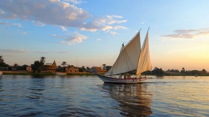 Tranquil Sunset Over the Nile with Traditional Sailboat