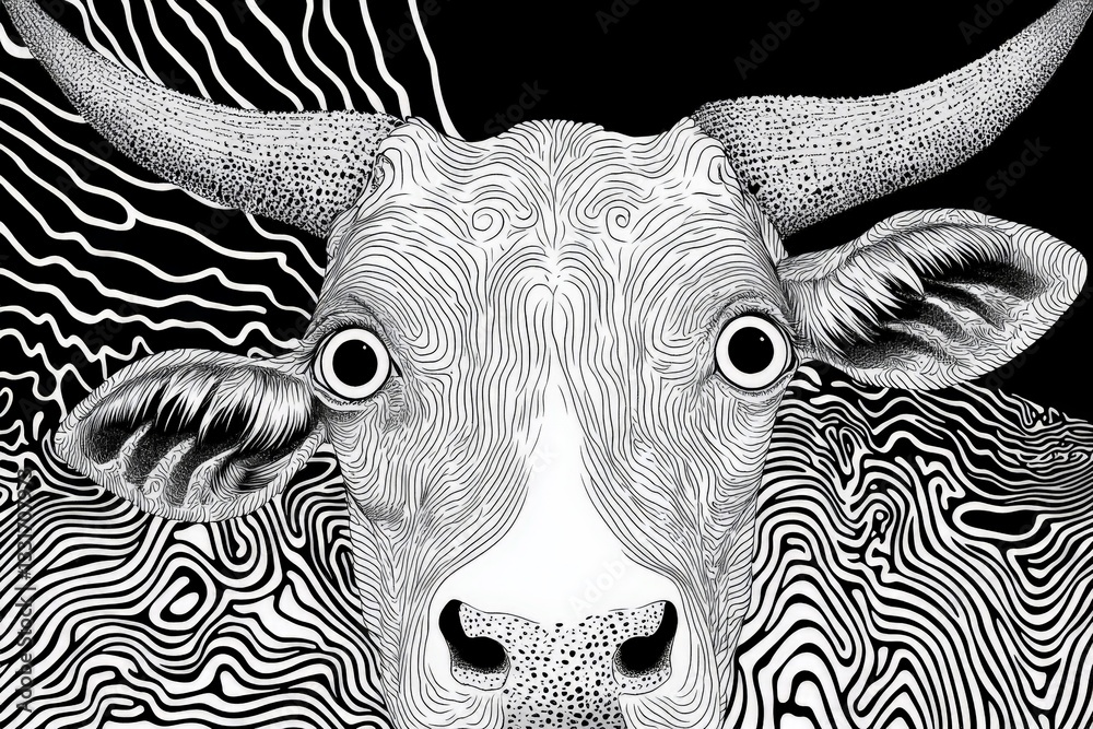 Poster detailed line art of a cow head with intricate patterns and contrasting background showcasing artist