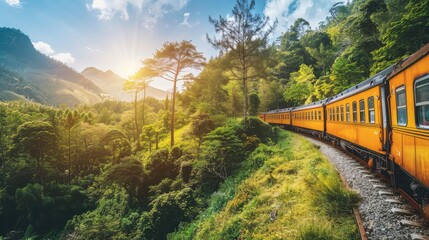 Fototapeta premium Scenic Train Journey Through Lush Green Mountains at Sunrise