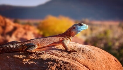 Fototapeta premium A lizard with bright, detailed scales rests on a warm stone, basking in sunlight within a dry, rocky environment. 