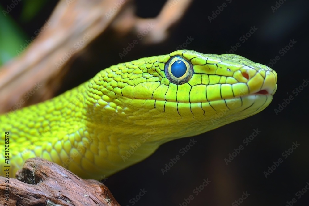 Poster bright green snake resting on a branch captures attention in a natural habitat