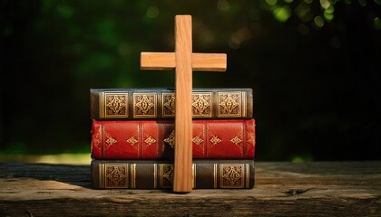 Ancient Biblical Books and Wooden Cross &ndash; Symbol of Faith and Devotion