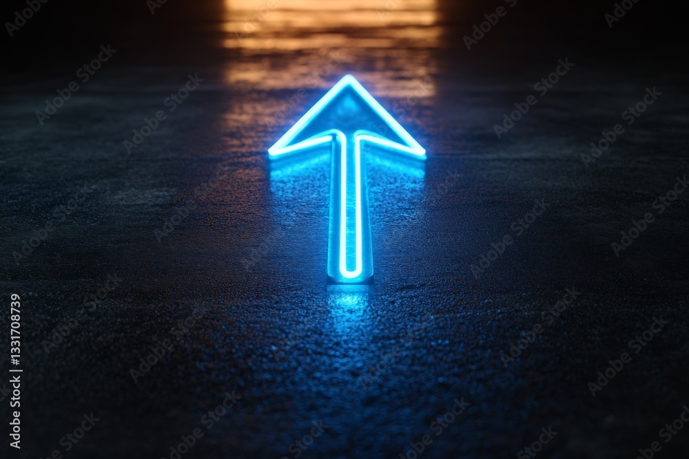 Poster bright blue neon arrow pointing upward on a reflective surface in a dark environment evokes energy a
