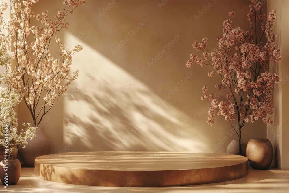 Poster Elegant interior space with wooden platform and flowering trees creating a serene atmosphere for events