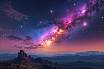 Luminous Celestial Nightscape Panorama: Striking Celestial Atmosphere with Bright, Colorful Galaxy Background