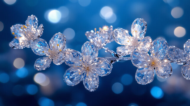 Crystal  frozen flowers on a blue background