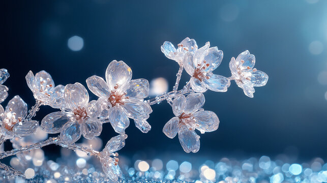Glass crystal flowers on a branch on a blue sparkling background
