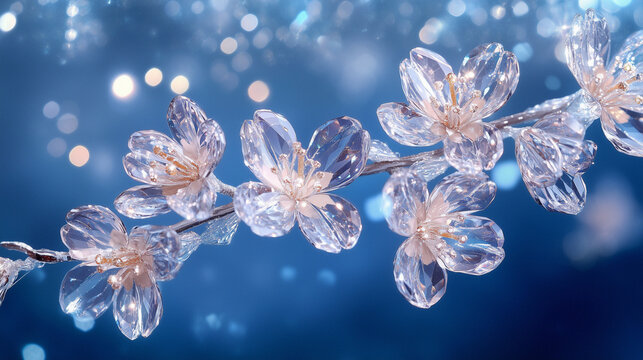 Diamond crystal flowers on a branch on a blue sparkling background