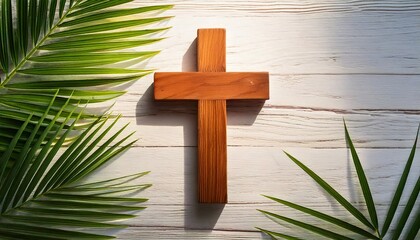 Wooden Cross with Palm Leaves on Whitewashed Wood &ndash; Peaceful Easter Symbol