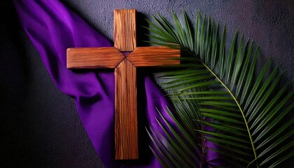 Wooden Cross with Palm Leaves and Purple Fabric &ndash; Holy Week Symbolism