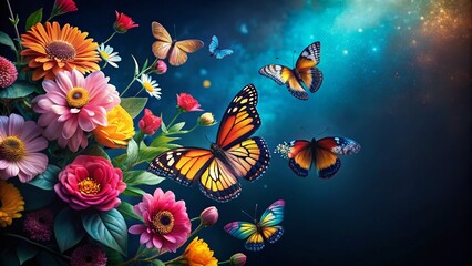 Minimalist Floral Background: Colorful Flowers & Butterflies on Black