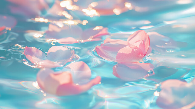 Delicate rose petals float on the surface of the clear blue water