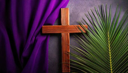 Wooden Cross with Palm Leaves and Purple Fabric &ndash; Holy Week Symbolism